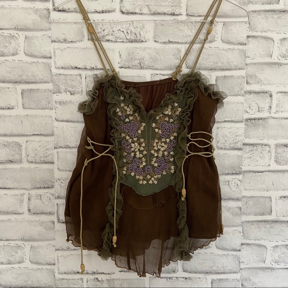 Boho hand crafted brown top size Small - Picture 15 of 15